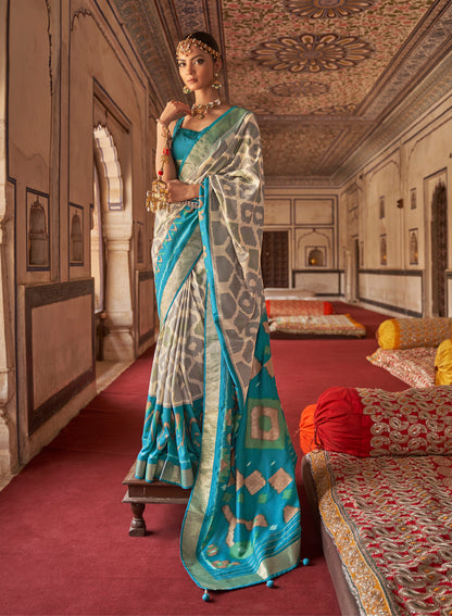 Blue with White Ikat Design Patola Saree in Pure Satin Silk