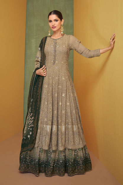 Beige Designer Anarkali Georgette Long Suit with Ombre Dupatta