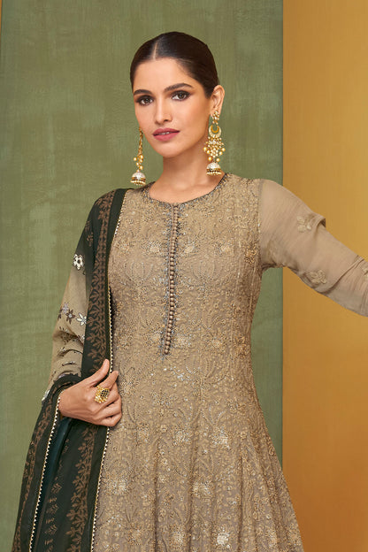 Beige Designer Anarkali Georgette Long Suit with Ombre Dupatta