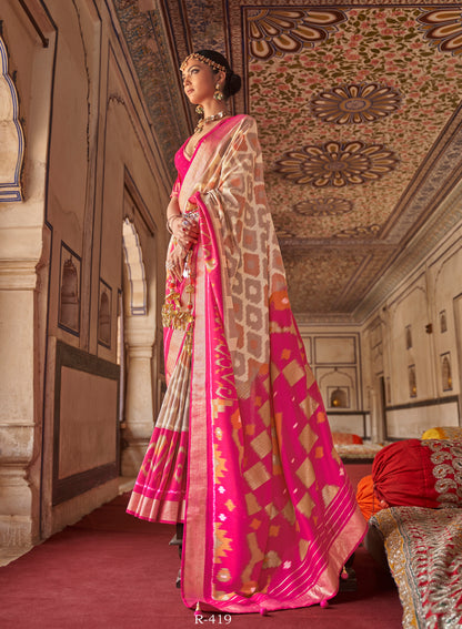 Pink with White Green Ikat Design Patola Saree in Pure Satin Silk