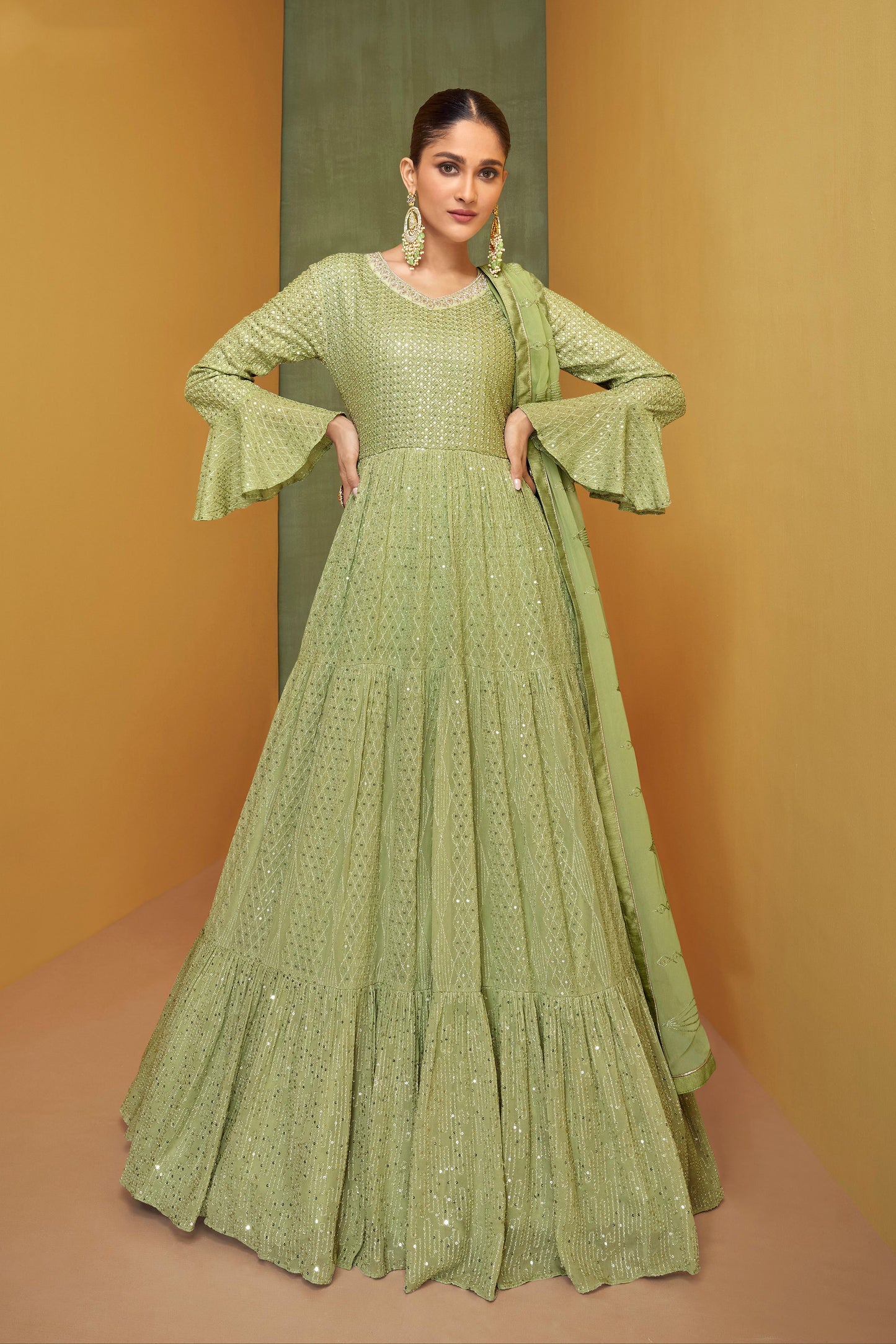 Light Green Designer Anarkali Georgette Long Suit with Dupatta