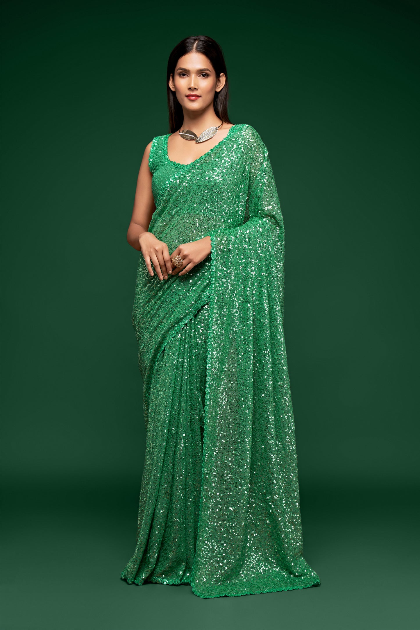 Fern Green Sequin emblished Designer Sparkling Saree for Every Occassions