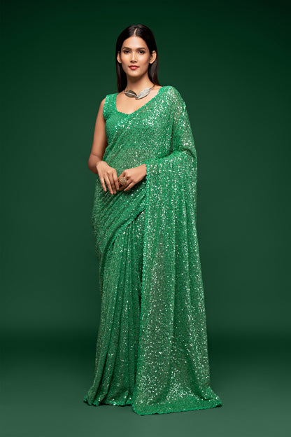 Fern Green Sequin emblished Designer Sparkling Saree for Every Occassions