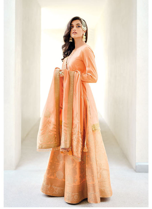 Light Peach Embroidered Sharara Suit with Organza Embroidered Dupatta