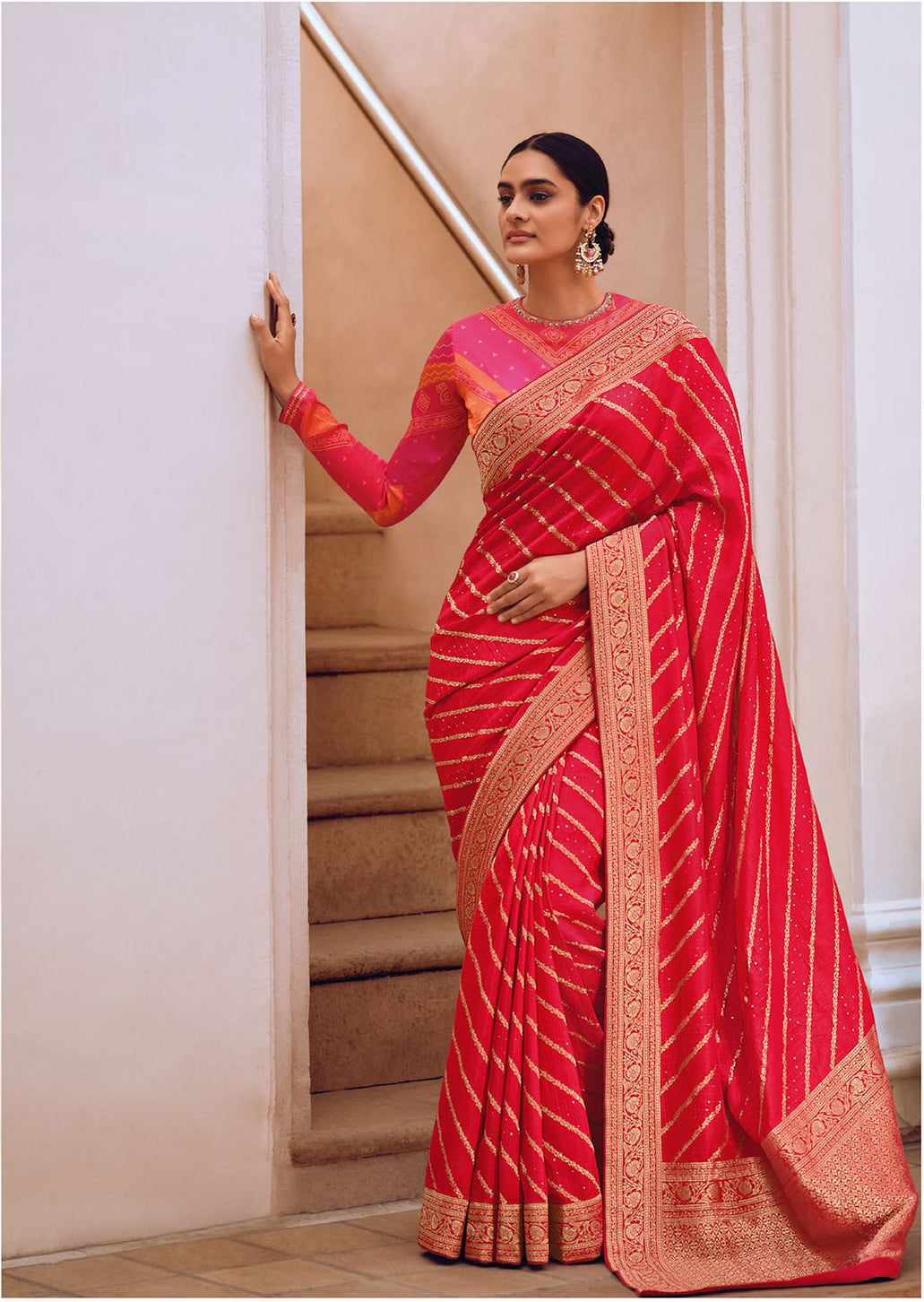 Blood Red Lehariya Style Banarasi Soft Silk Saree with Bandhani Blouse