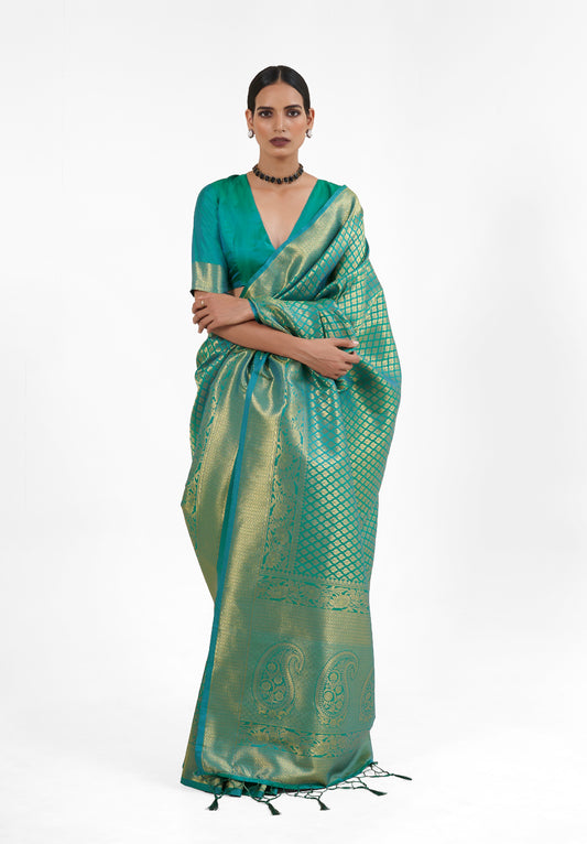 Shamrock Green  Zari Woven Soft Kanjivaram Silk Saree