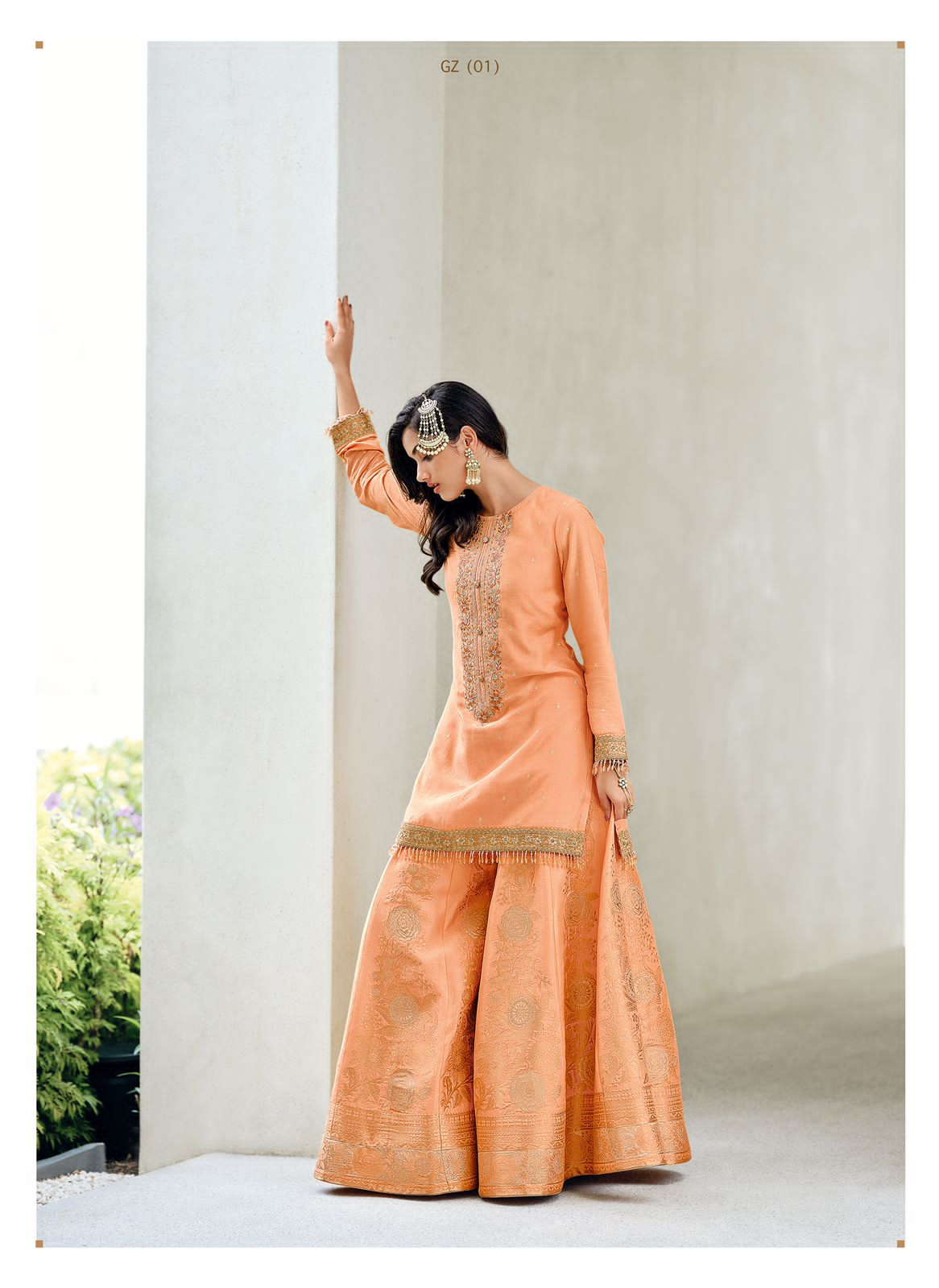 Light Peach Embroidered Sharara Suit with Organza Embroidered Dupatta