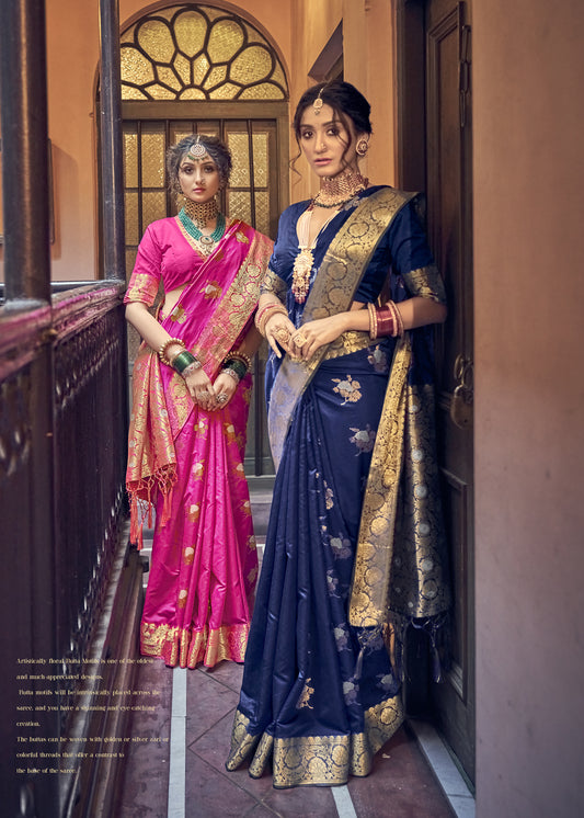 Dark Navy Banarasi Kaduwa Dual Zari Woven Saree for Weddings