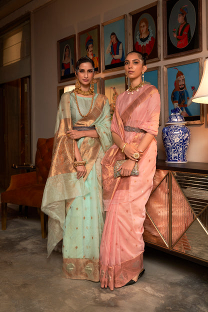 Light Mint Copper Zari Woven Designer Banarasi Organza Saree