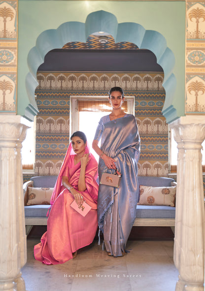 French Pink Kanjivaram Silk Saree with Antique Finish & Glossy