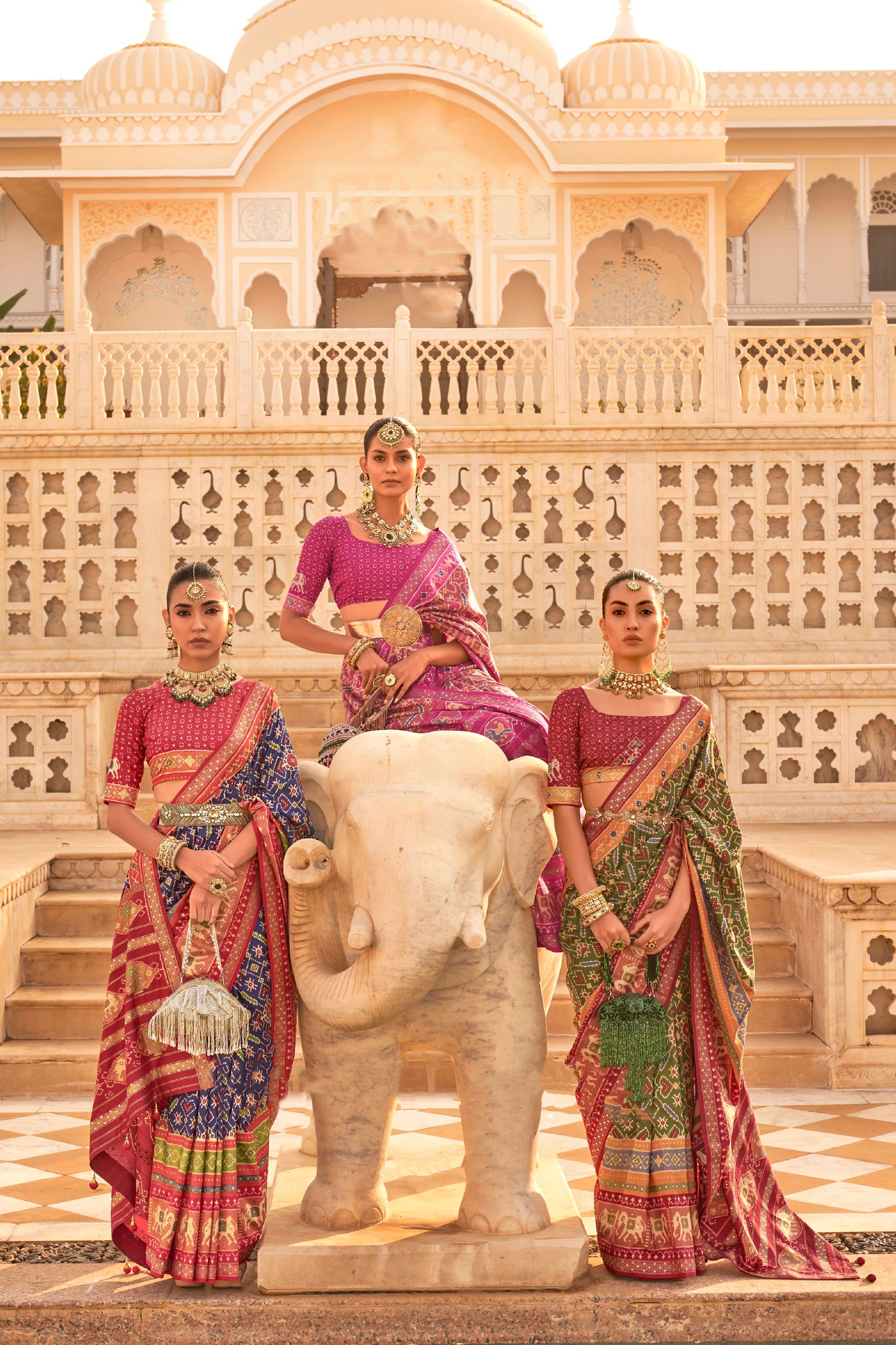 Mauve Pink Woven Patola Designer Saree with Elephant Border