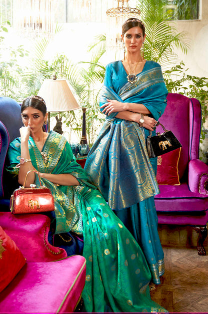 Emerald Green Soft Banarasi Silk Saree with Golden Zari Weaving