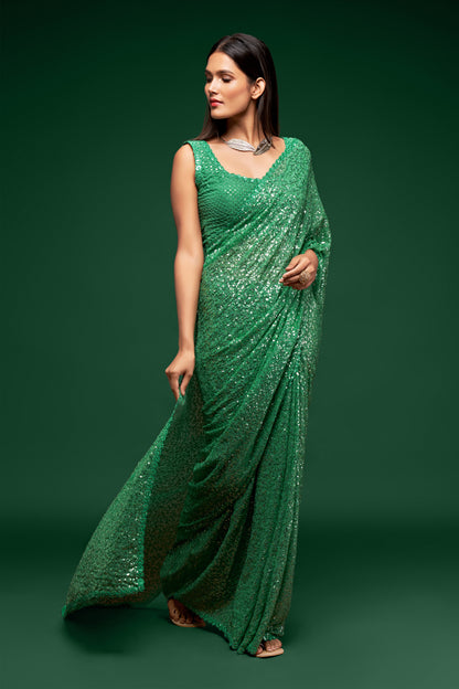 Fern Green Sequin emblished Designer Sparkling Saree for Every Occassions