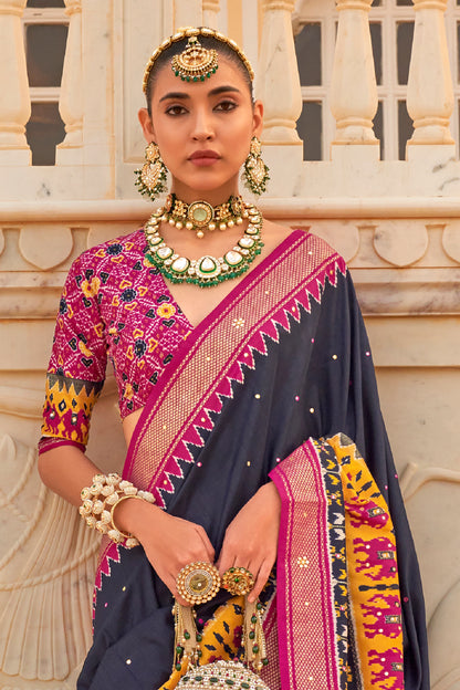 Navy Blue & Yellow Patola Inspired Designer Embellished Bordered Saree