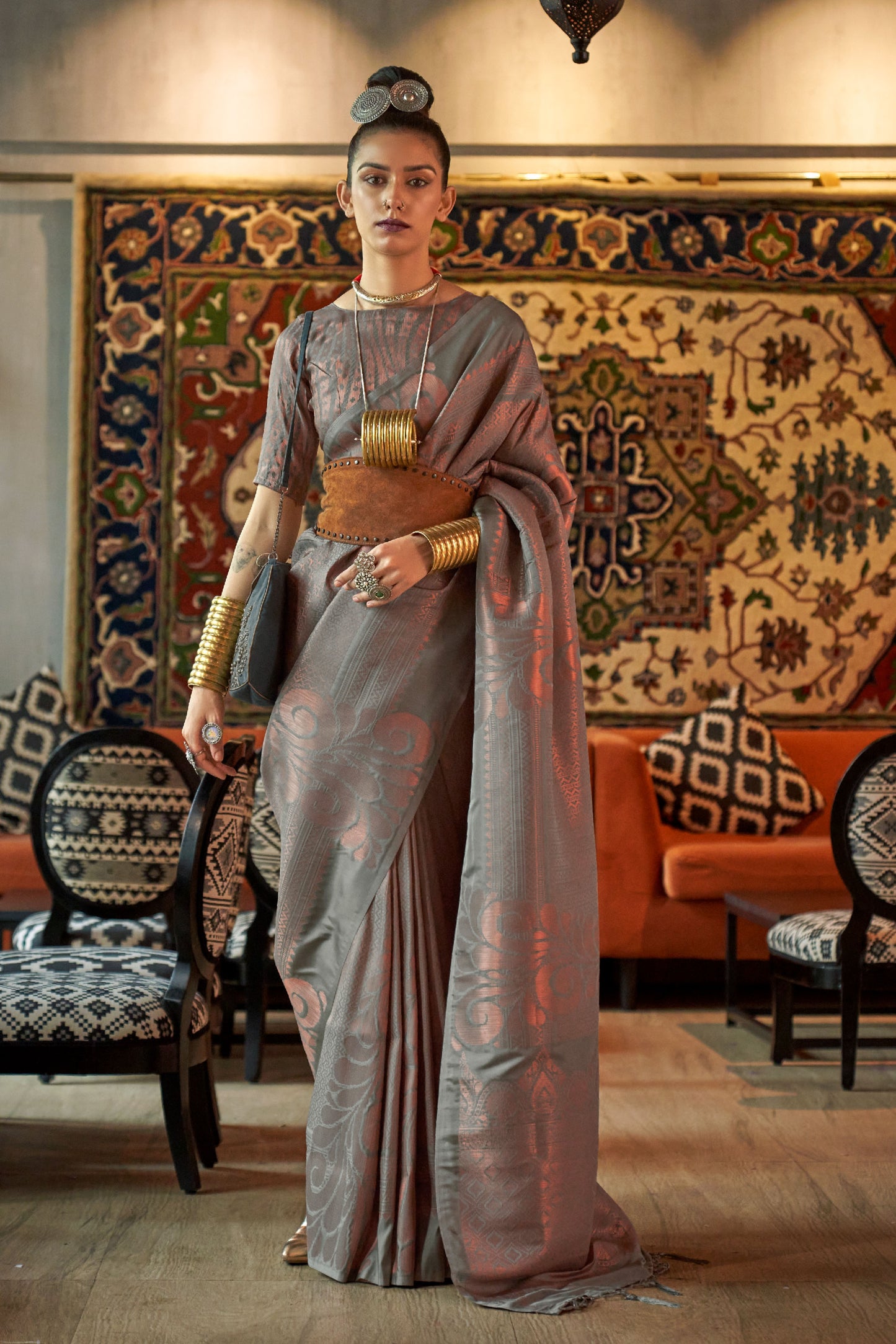 Stone Grey Copper Zari Woven Soft Silk Saree