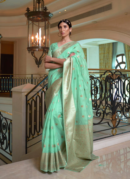 Pastel Mint Woven Banarasi Organza Saree with Zari Pallu