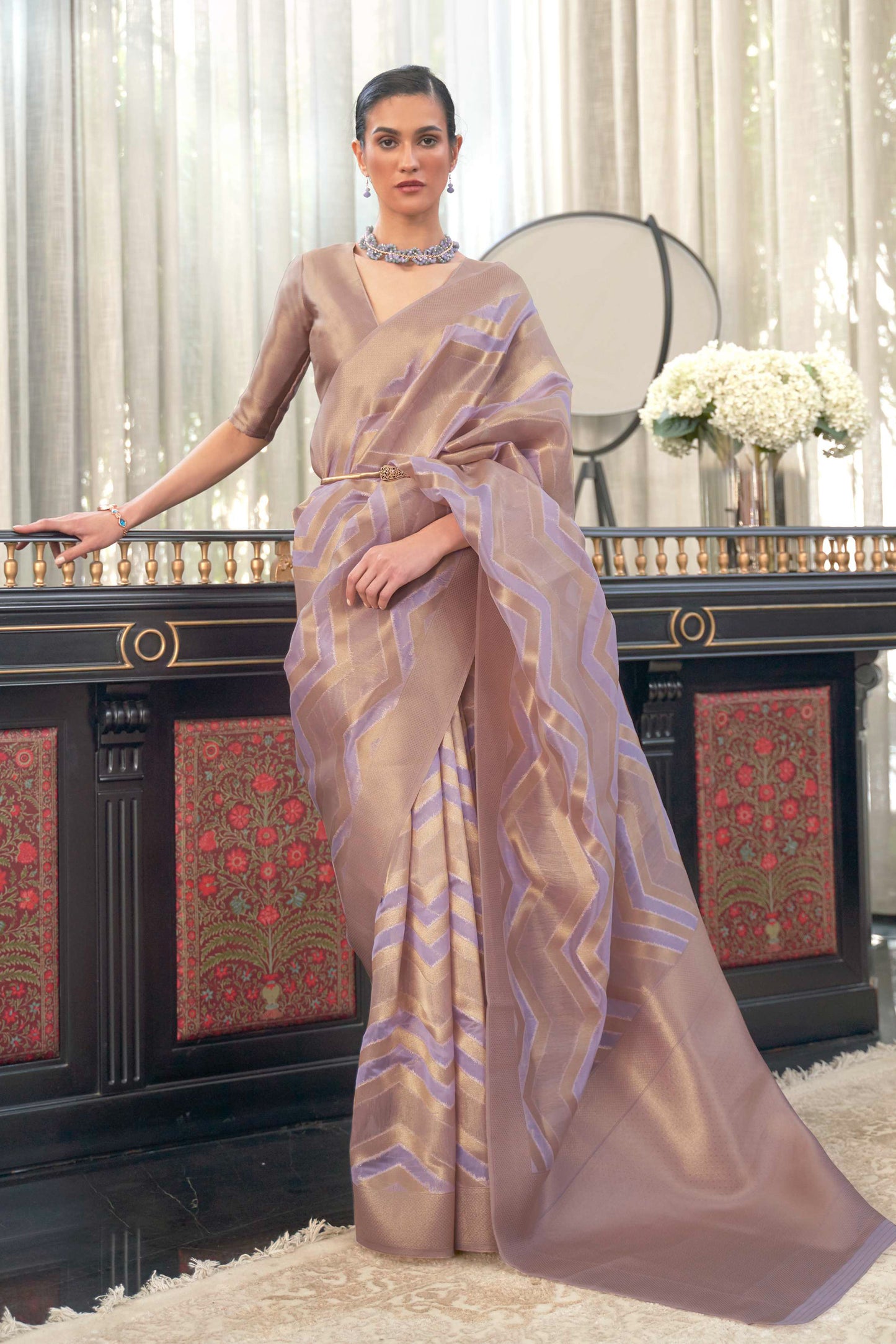 Light Lilac Golden Soft Banarasi Organza Silk Saree with Blouse