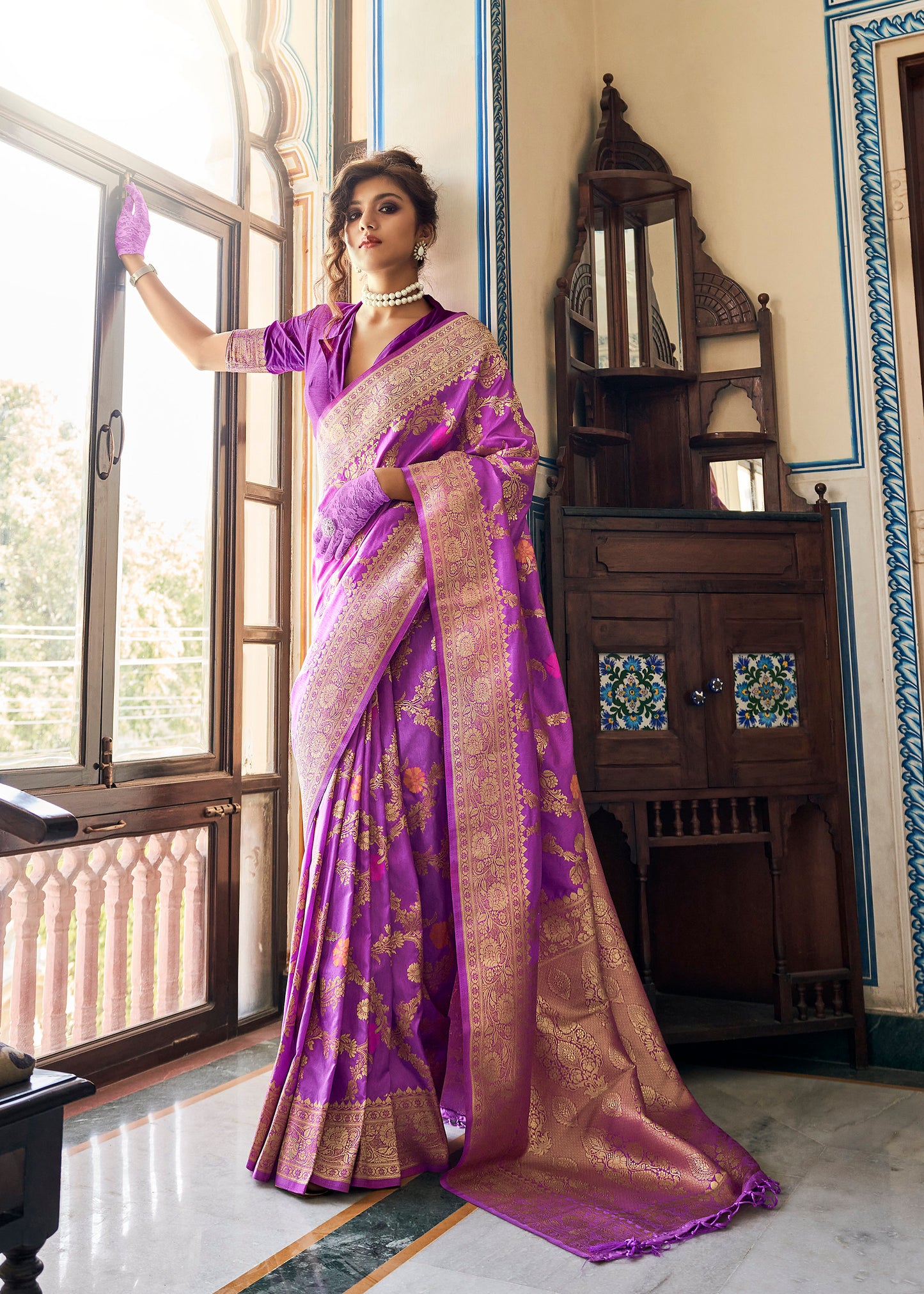 Purplish Pink Banarasi Jungla Jaal Meenakari Weaving Saree for Weddings