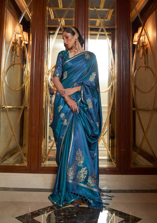 French Blue Blue Silk Handloom Weaving Saree