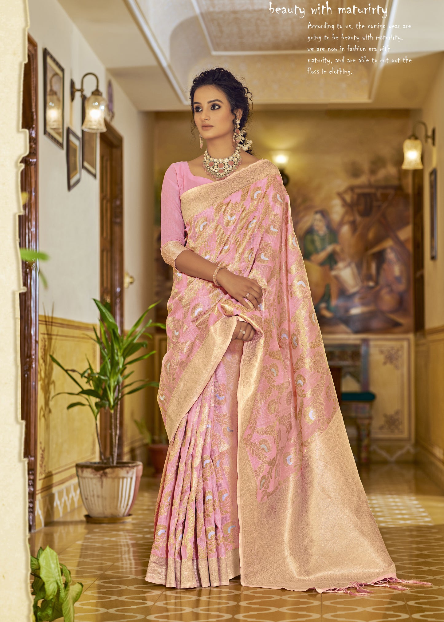 Powder Pink Banarasi Jungla Jaal Zari Woven Saree for Weddings