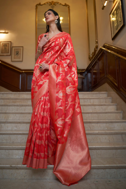 Orangish Red Banarasi Organza Saree with Woven Jaal Weaving