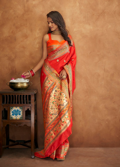 Bright Orange Woven Paithani Soft Silk Saree for Weddings