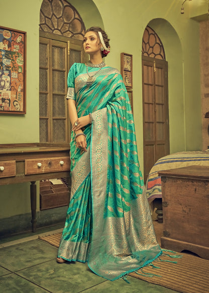 Sea Green Soft Banarasi Saree with Lehariya Style Zari Weaving