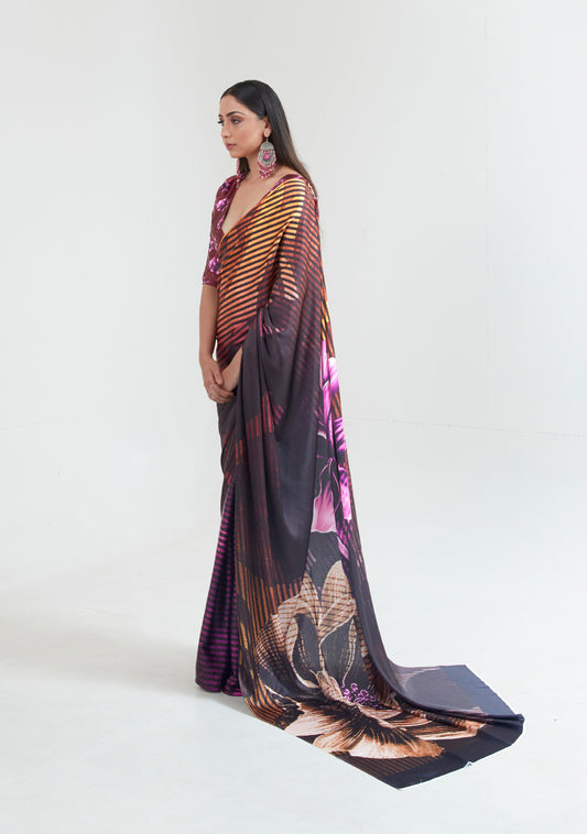Brown Black Abstract 3D Printed Pure Satin Silk Saree for Weddings