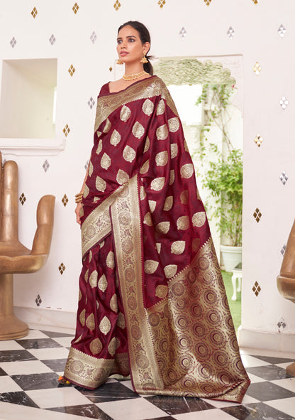 Maroon Red  Stunning Zari Woven Kanjivaram Silk Saree