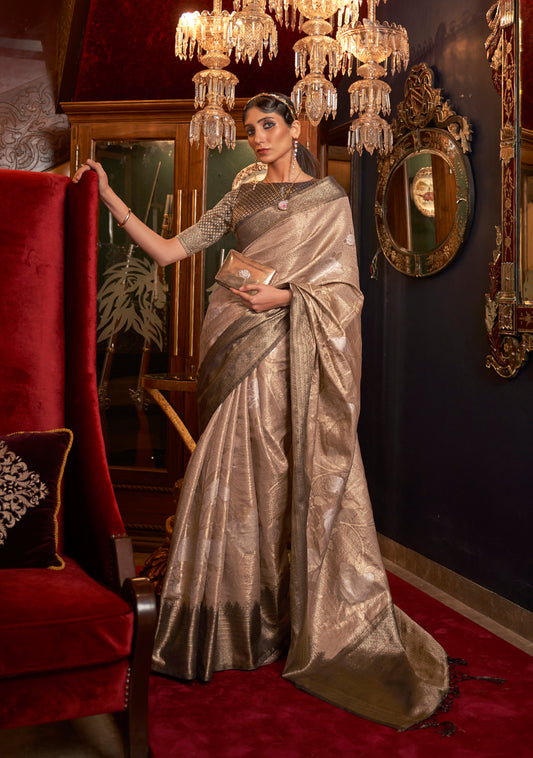 Glossy Beige with Grey  kanjivaram Pattu Saree for Woman