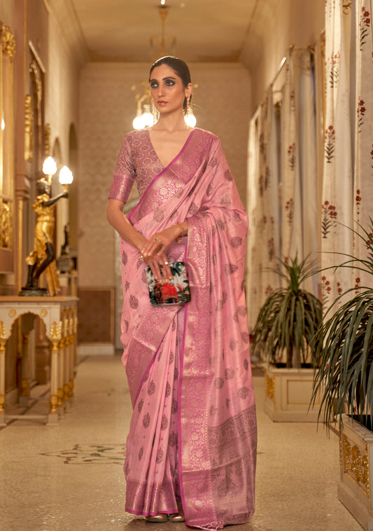 Bubble Pink Soft Tussar Silk Saree with Copper Zari Butti