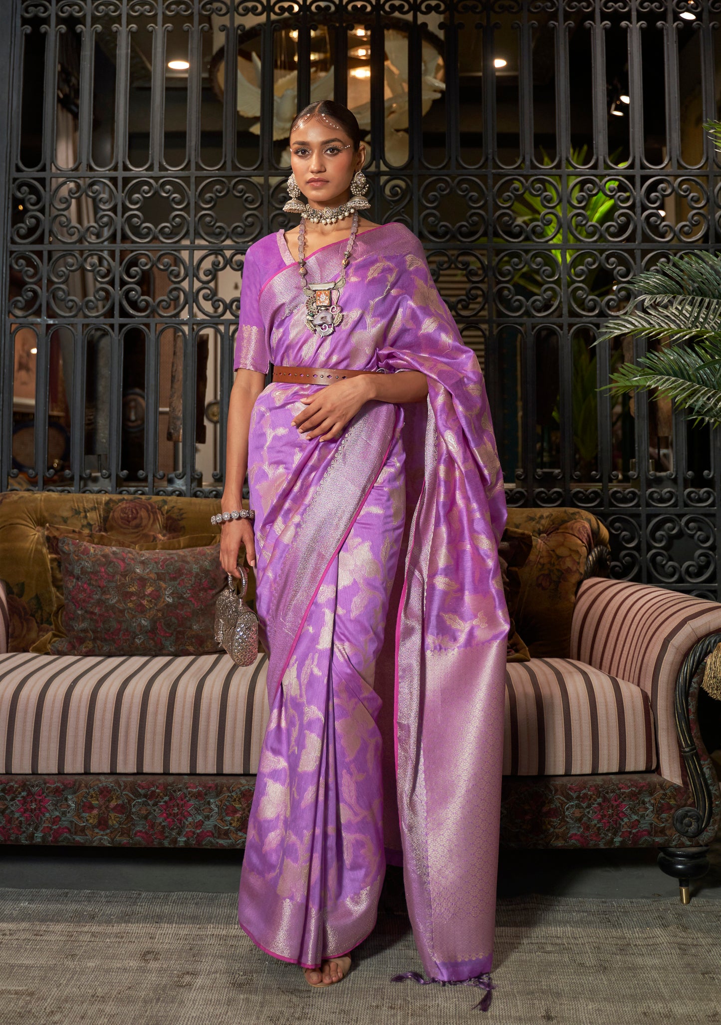 Dark Lavender Banarasi Woven Jungla Jaal Soft Silk Saree