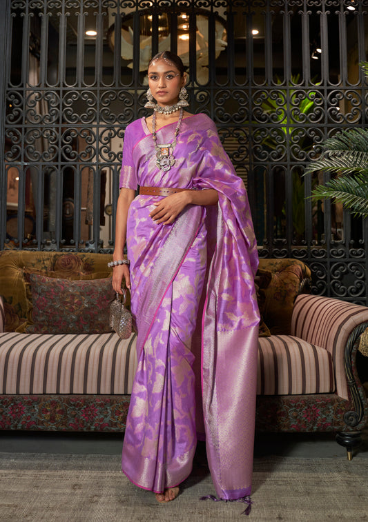 Dark Lavender Banarasi Woven Jungla Jaal Soft Silk Saree