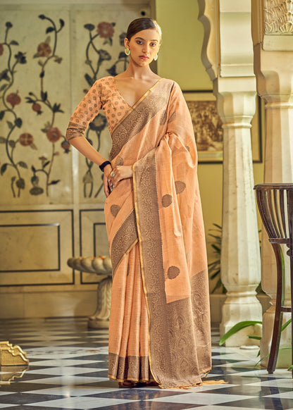 Pastel Orange Woven Linen Silk Saree