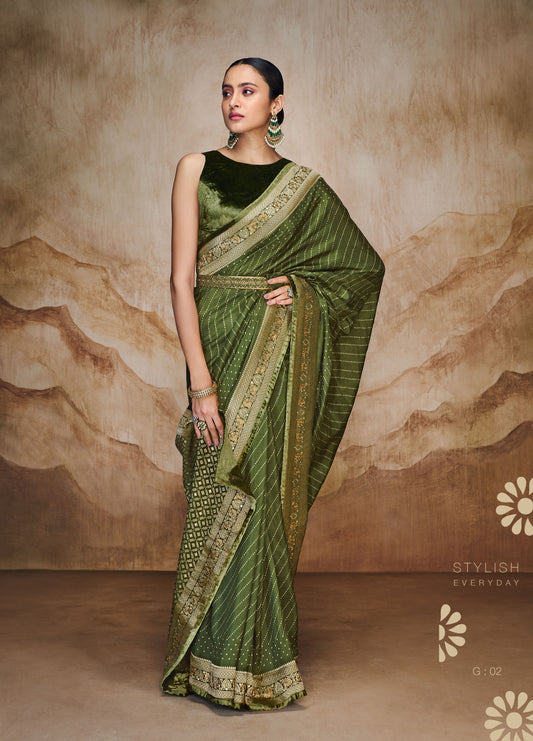 Green Bandhani Saree with Hand Embroidered Border and Velvet Blouse