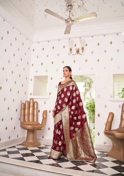 Maroon Red  Stunning Zari Woven Kanjivaram Silk Saree