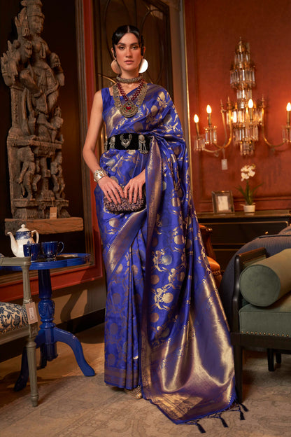 Electric Blue Woven Banarasi Jungla Jaal Soft Silk Saree