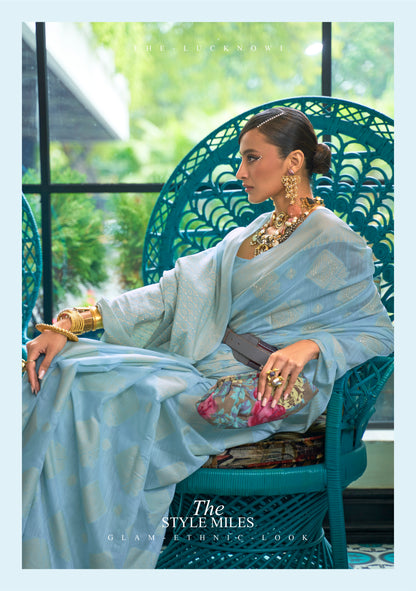 Light Blue Woven Lucknowi Saree in Pure Modal Silk