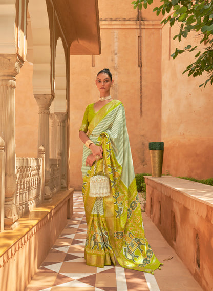 Lemon Green Patola Silk Saree with Zari Border Patola Silk Saree