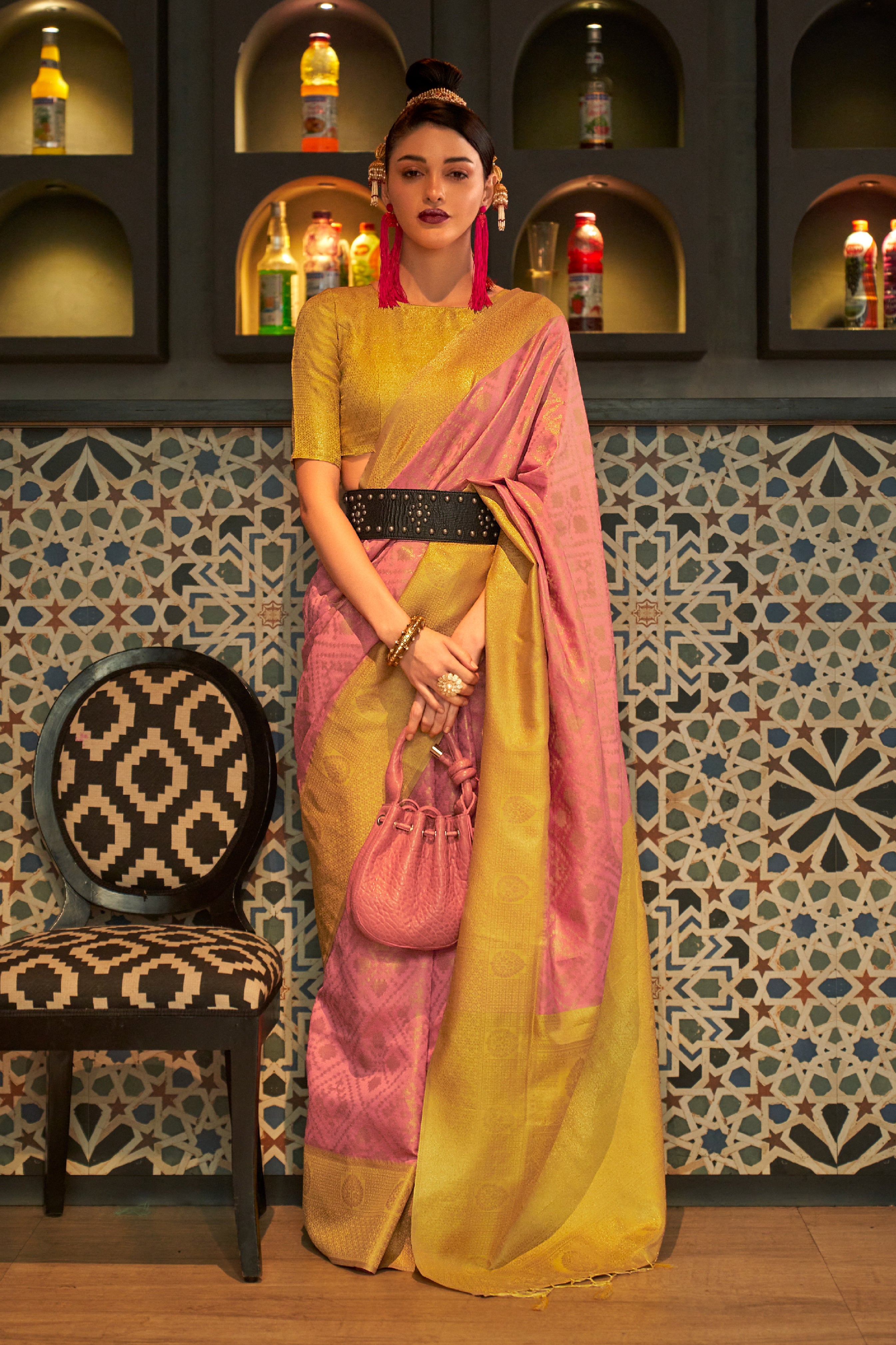 Geometric Printed Art Silk Saree in Coral Pink : SEW12520