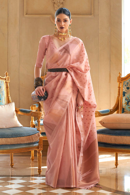 Crepe Pink Temple Bordered Designer Soft Tissue Saree for Weddings