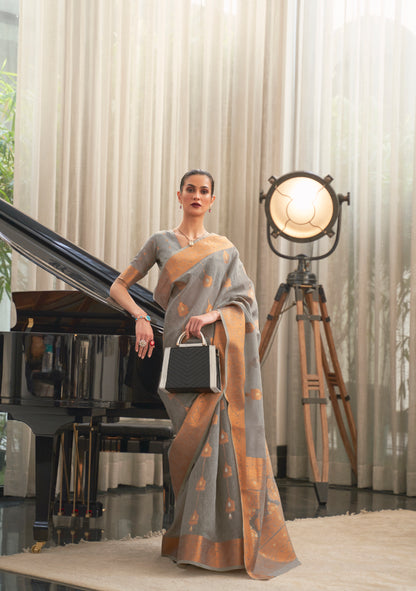 Grey Copper Zari Woven Silk Saree with Designer Pallu