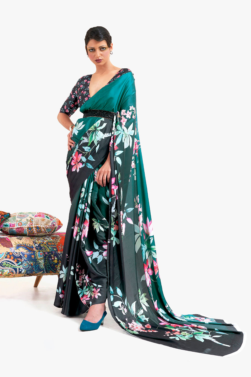 Rama Green  Designer Pure Satin Silk Saree with Blouse