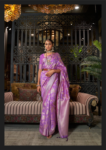 Dark Lavender Banarasi Woven Jungla Jaal Soft Silk Saree