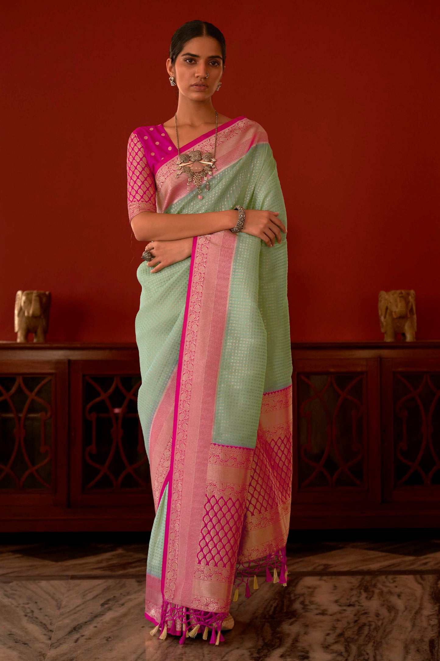 Soft Green Soft Kanjivaram Silk Saree with Light Pink Pattu Border