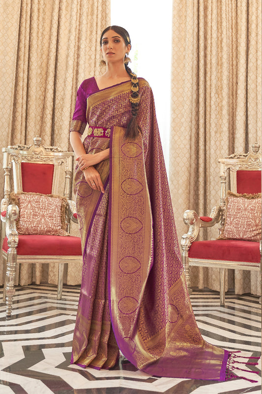 Wine Purple Woven Brocade Kanjivaram Saree with Peacock Border