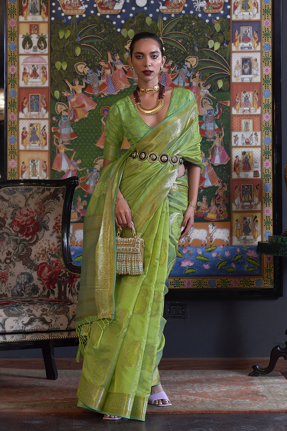 Lime Green  Soft Organza Silk Zari Woven Soft Silk Saree