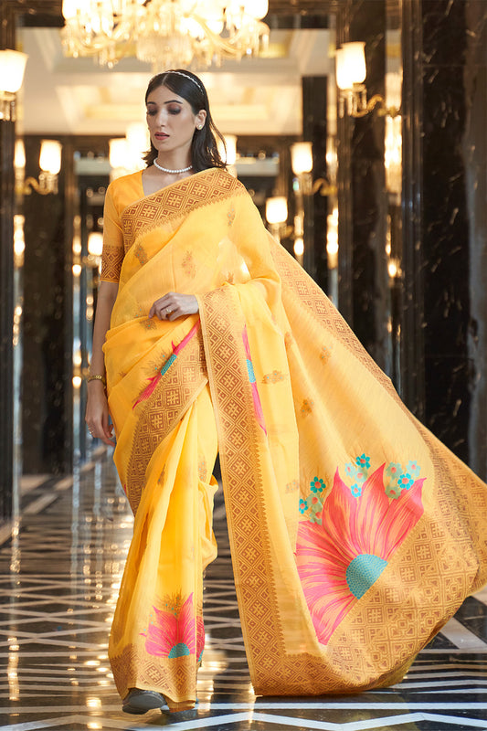 Tuscany Yellow  Zari Woven Floral Pallu Linen Saree.