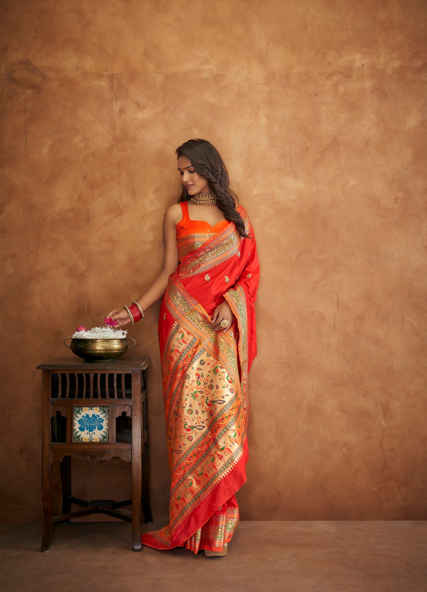 Bright Orange Woven Paithani Soft Silk Saree for Weddings