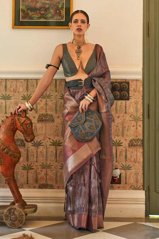 Graphite Grey Tussar Woven Designer Silk Saree for Weddings